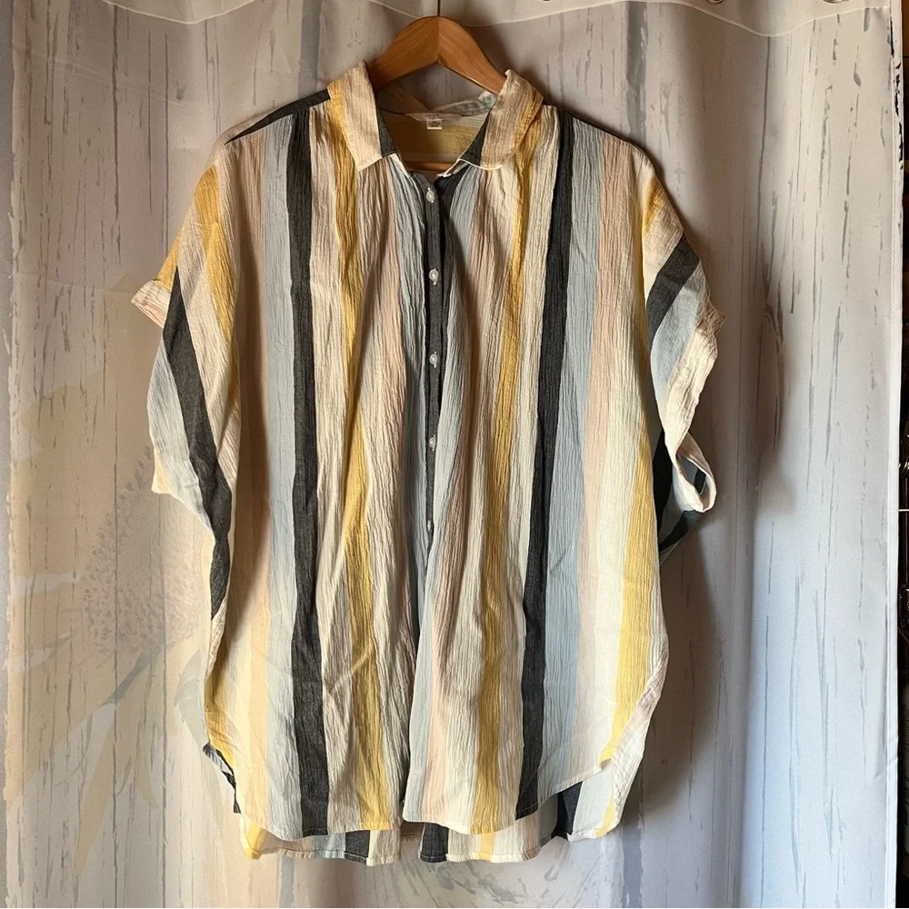 Time and Tru Women’s Casual Striped Shirt - Yellow Blue and Gray - Picture 1 of 11